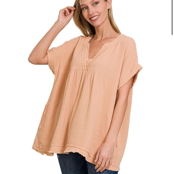 Zenana Washed Double Gauze Raw Edge Womens Top S-XL Deep Sky
